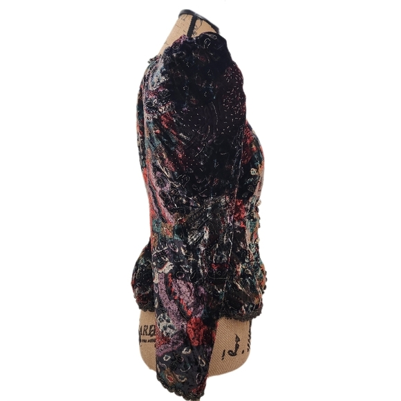 80s VINTAGE SHUET YOUNG For HW, Black Floral Velour Teddy Jacket, US Women's 6 - Picture 5 of 12